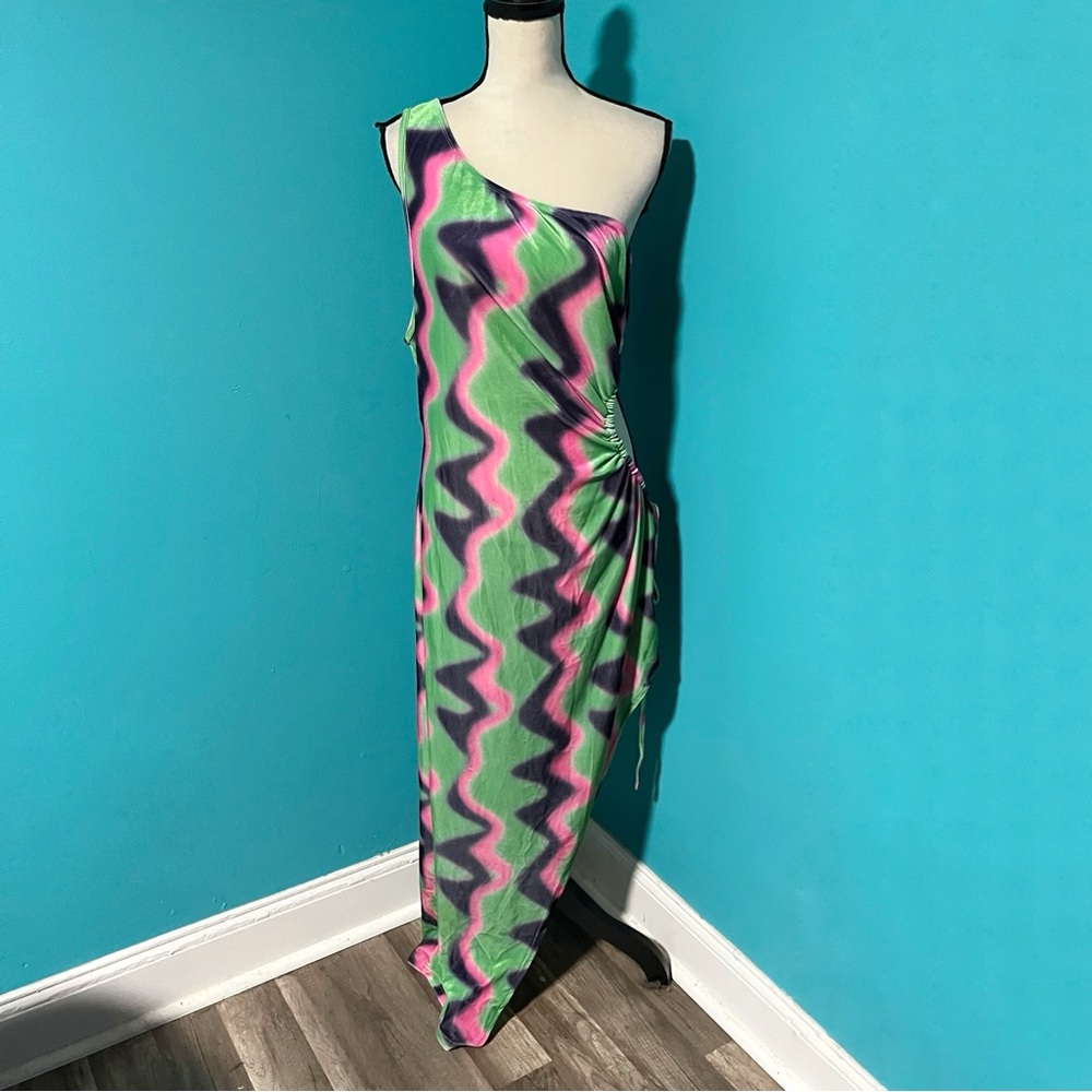 SHEIN Curve 3XL Pink Purple Green Velvet One Shoulder Asymmetrical Maxi Dress